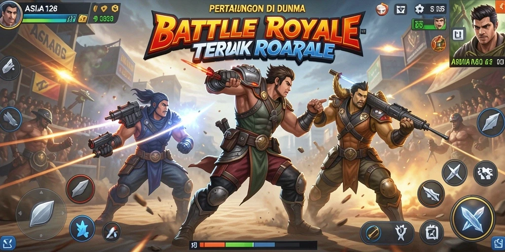 Tangkapan layar ASIA128 menampilkan pertarungan Battle Royale yang intens dan seru.